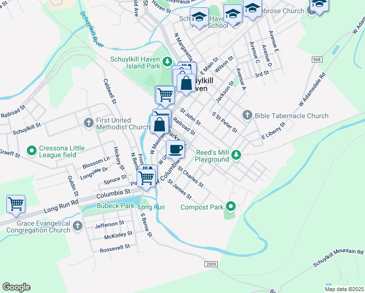map of restaurants, bars, coffee shops, grocery stores, and more near in Schuylkill Haven