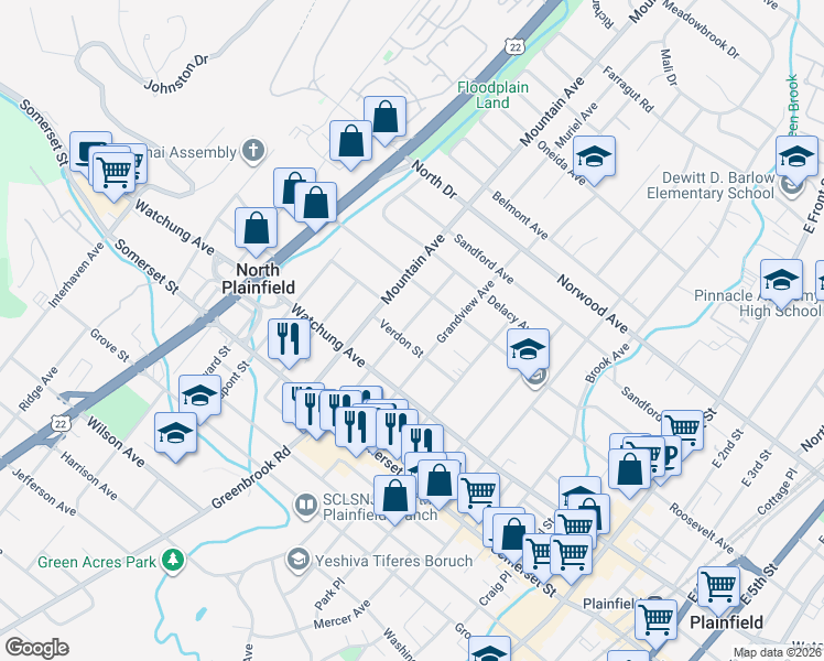 map of restaurants, bars, coffee shops, grocery stores, and more near 19 Verdon Street in North Plainfield