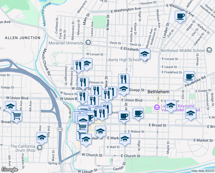 map of restaurants, bars, coffee shops, grocery stores, and more near 910 North New Street in Bethlehem