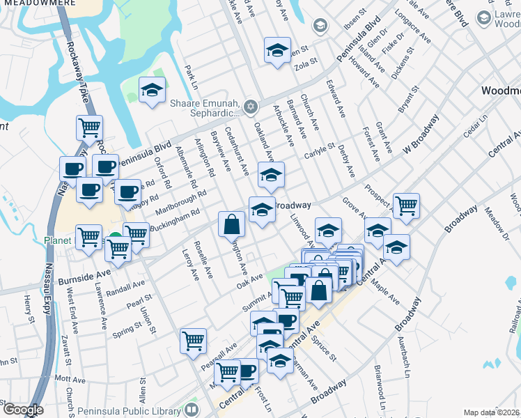 map of restaurants, bars, coffee shops, grocery stores, and more near 337 Cedarhurst Avenue in Cedarhurst