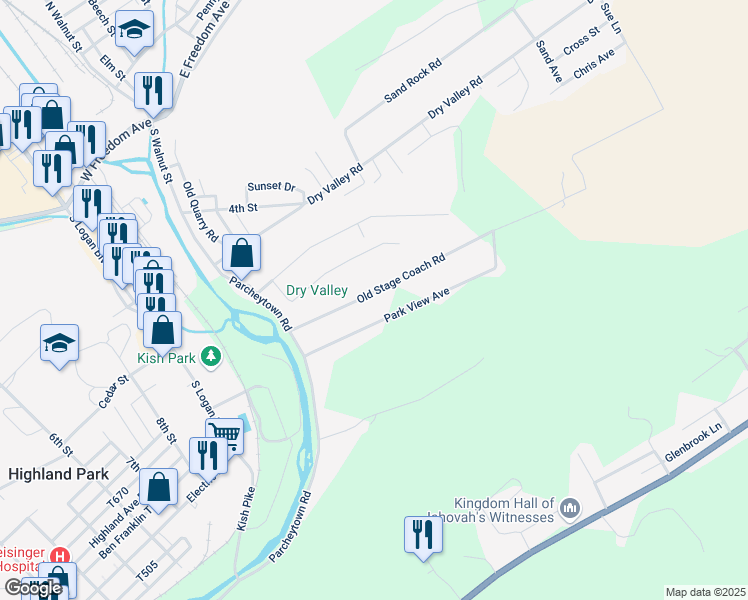 map of restaurants, bars, coffee shops, grocery stores, and more near 1-299 Park View Avenue in Lewistown