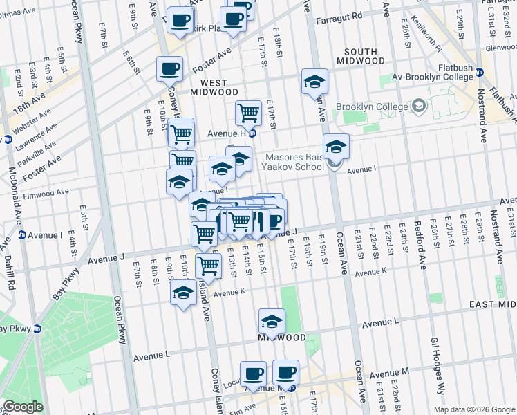 map of restaurants, bars, coffee shops, grocery stores, and more near 963 East 14th Street in Brooklyn