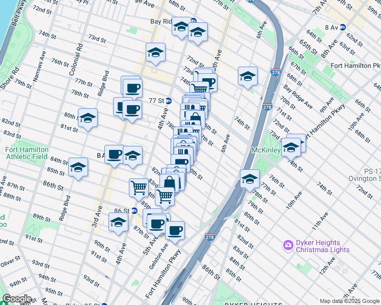 map of restaurants, bars, coffee shops, grocery stores, and more near 516 79th Street in Brooklyn