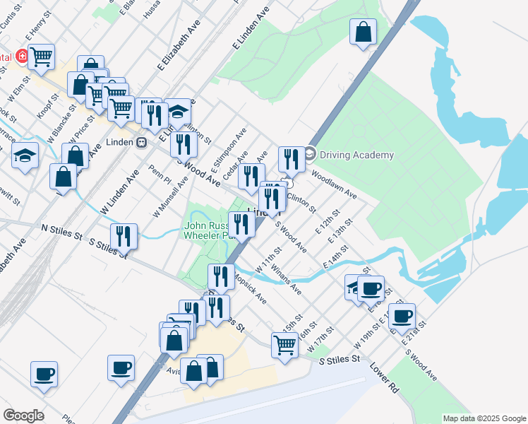 map of restaurants, bars, coffee shops, grocery stores, and more near in Linden