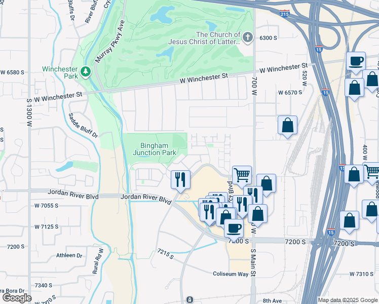 map of restaurants, bars, coffee shops, grocery stores, and more near 972 West Village Bend Drive in Midvale