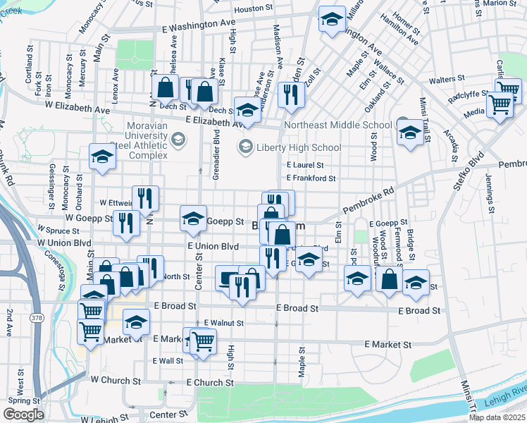 map of restaurants, bars, coffee shops, grocery stores, and more near 228 East Goepp Street in Bethlehem