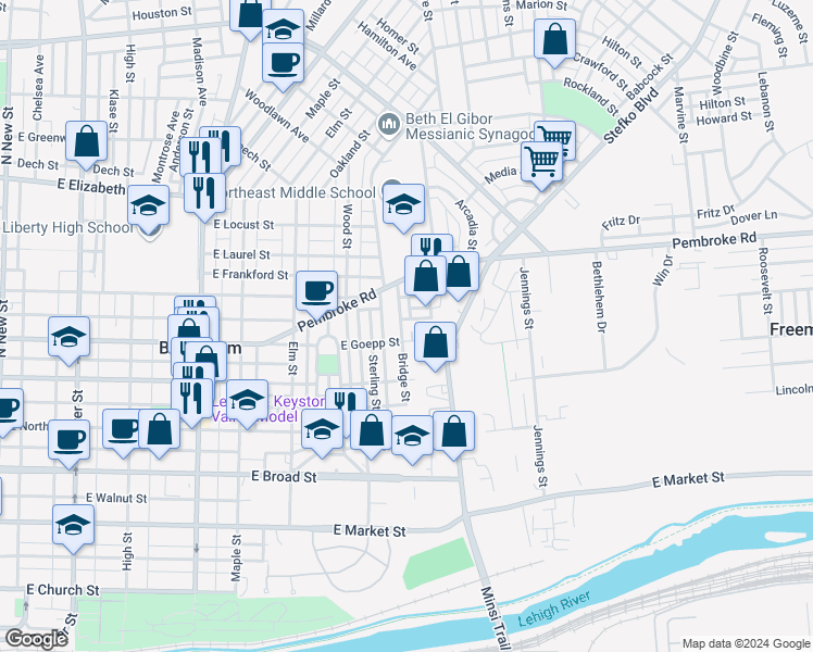 map of restaurants, bars, coffee shops, grocery stores, and more near 916 Bridge Street in Bethlehem