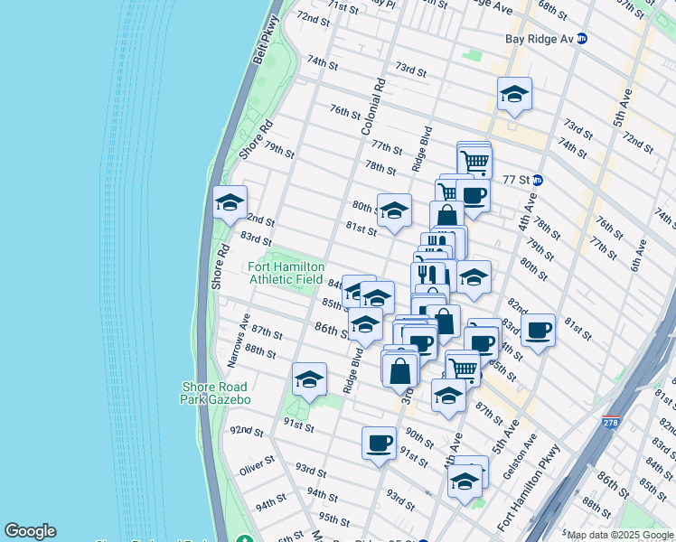 map of restaurants, bars, coffee shops, grocery stores, and more near 118 83rd Street in Brooklyn