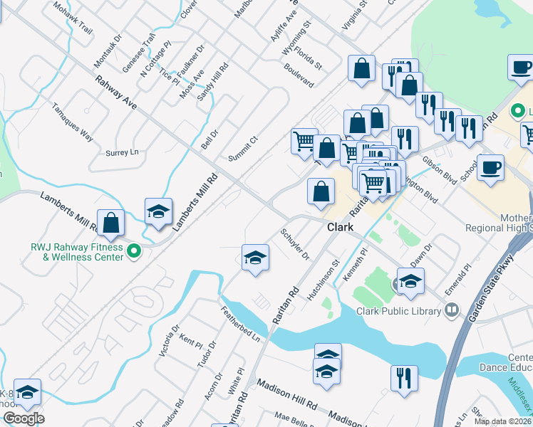 map of restaurants, bars, coffee shops, grocery stores, and more near 1225 Westfield Avenue in Clark