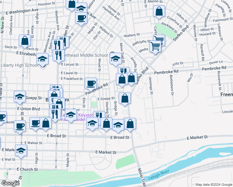 map of restaurants, bars, coffee shops, grocery stores, and more near 916 Bridge Street in Bethlehem