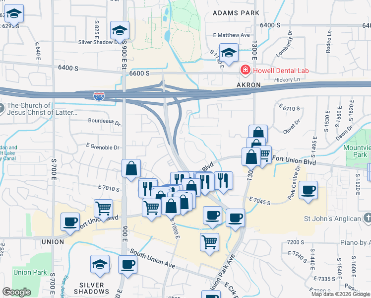 map of restaurants, bars, coffee shops, grocery stores, and more near 6888 Countrywoods Circle in Cottonwood Heights
