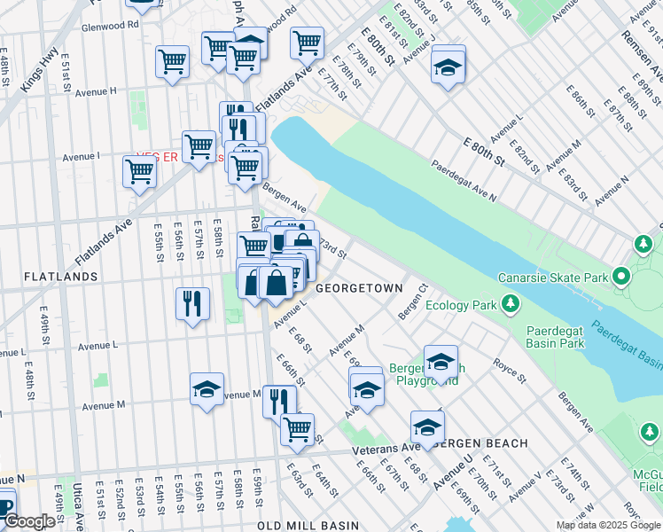 map of restaurants, bars, coffee shops, grocery stores, and more near 1214 East 72nd Street in Brooklyn