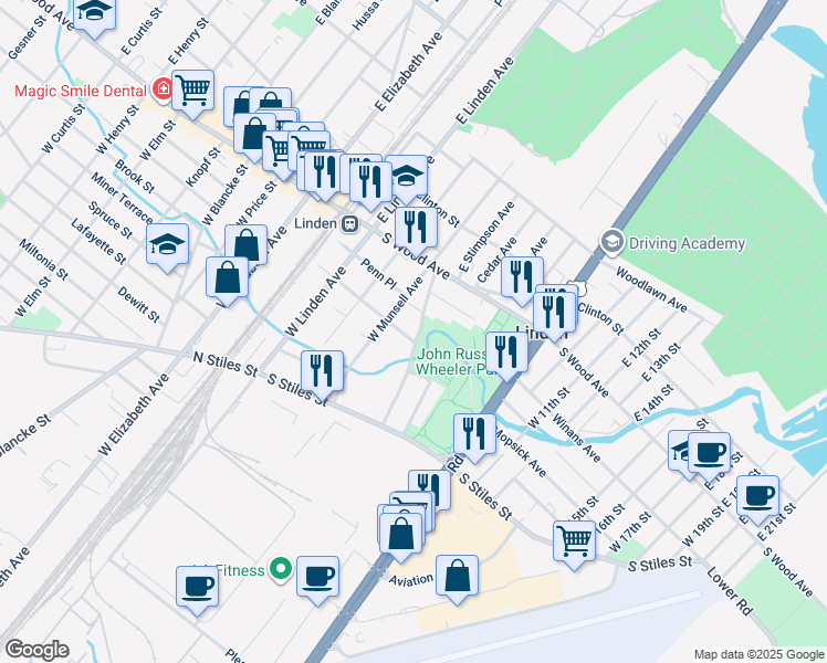 map of restaurants, bars, coffee shops, grocery stores, and more near 234 West Stimpson Avenue in Linden