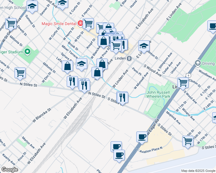 map of restaurants, bars, coffee shops, grocery stores, and more near 416 Lynn Court in Linden