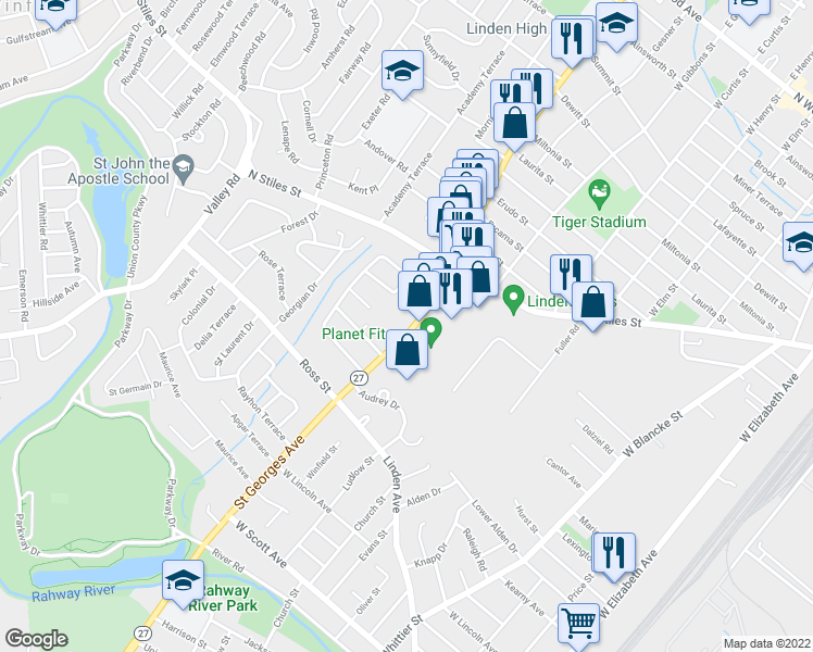 map of restaurants, bars, coffee shops, grocery stores, and more near 1203 New Jersey 27 in Linden