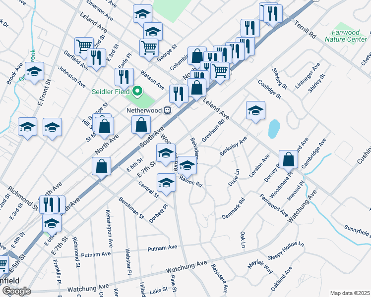 map of restaurants, bars, coffee shops, grocery stores, and more near 626-32 Belvidere Avenue in Plainfield