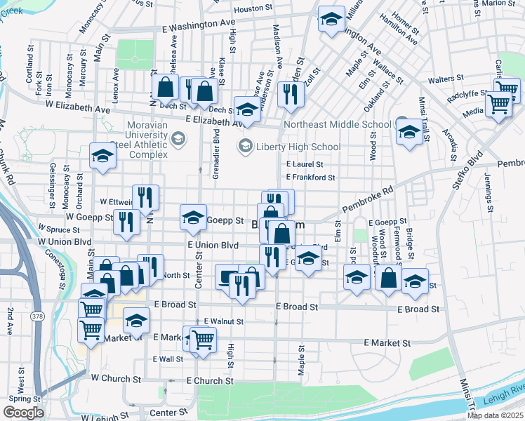map of restaurants, bars, coffee shops, grocery stores, and more near 228 East Goepp Street in Bethlehem