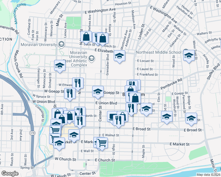 map of restaurants, bars, coffee shops, grocery stores, and more near 901 High Street in Bethlehem