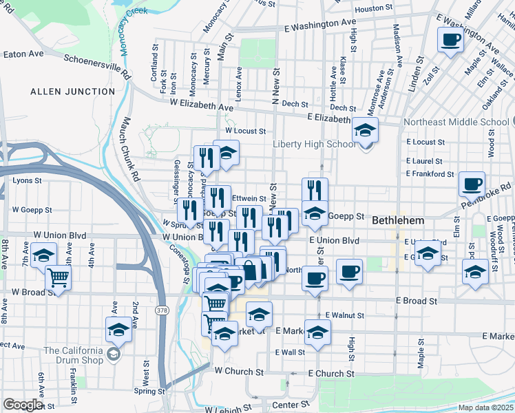 map of restaurants, bars, coffee shops, grocery stores, and more near 33 West Goepp Street in Bethlehem