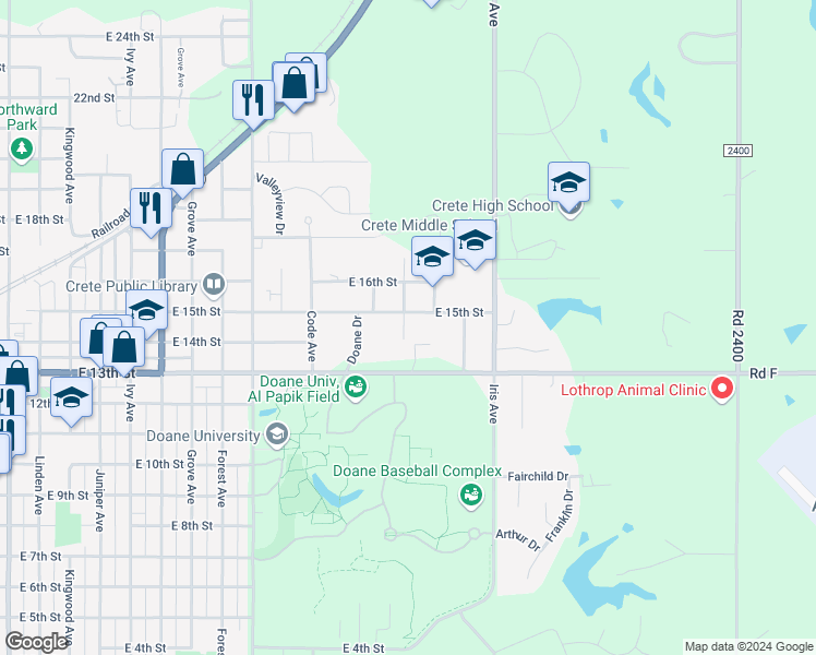 map of restaurants, bars, coffee shops, grocery stores, and more near 1320 East 13th Street in Crete