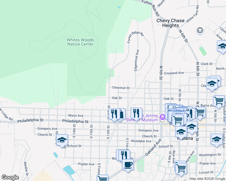 map of restaurants, bars, coffee shops, grocery stores, and more near 1161 Oak Street in Indiana