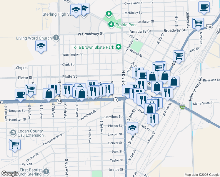 map of restaurants, bars, coffee shops, grocery stores, and more near 115 North 2nd Avenue in Sterling