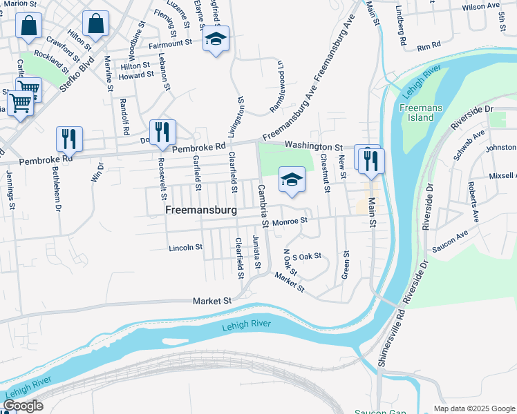 map of restaurants, bars, coffee shops, grocery stores, and more near Kossuth Street in Freemansburg