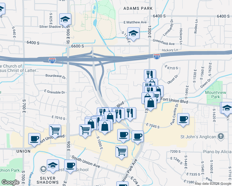 map of restaurants, bars, coffee shops, grocery stores, and more near 6859 Countrywoods Circle in Cottonwood Heights