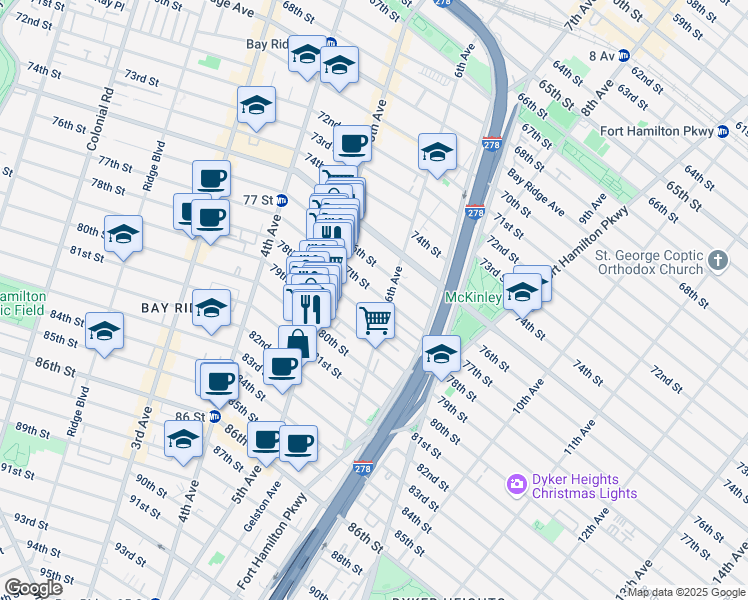 map of restaurants, bars, coffee shops, grocery stores, and more near 568 78th Street in Brooklyn