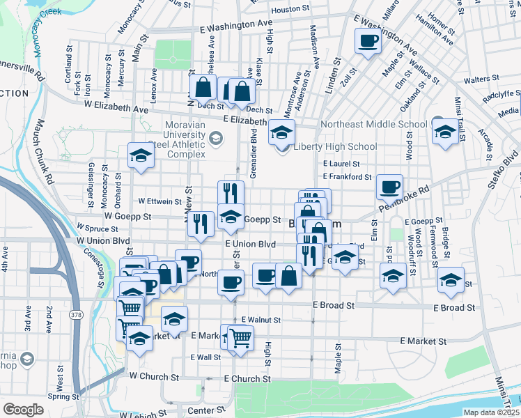 map of restaurants, bars, coffee shops, grocery stores, and more near 901 High Street in Bethlehem