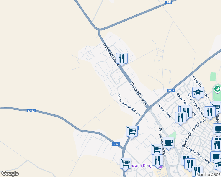 map of restaurants, bars, coffee shops, grocery stores, and more near Rruga Riza Mance in Korçë