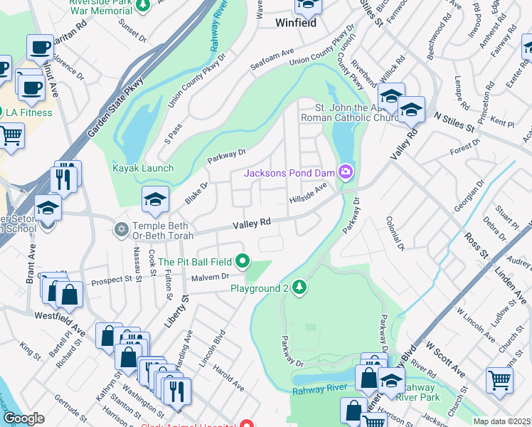 map of restaurants, bars, coffee shops, grocery stores, and more near 315 Valley Road in Clark