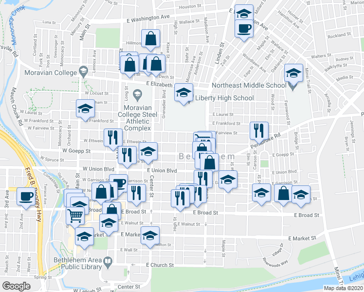 map of restaurants, bars, coffee shops, grocery stores, and more near 210 East Ettwein Street in Bethlehem