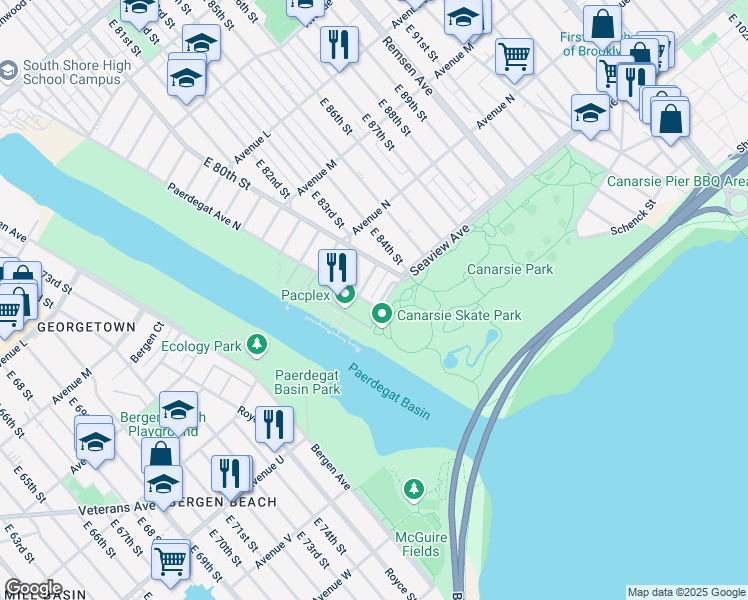 map of restaurants, bars, coffee shops, grocery stores, and more near 4859 Seaview Avenue in Brooklyn