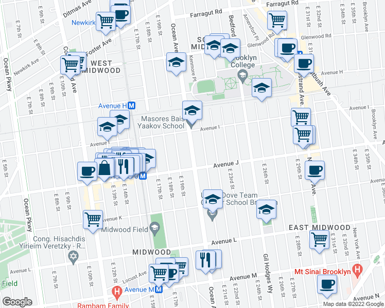 map of restaurants, bars, coffee shops, grocery stores, and more near 2003 Avenue J in Brooklyn