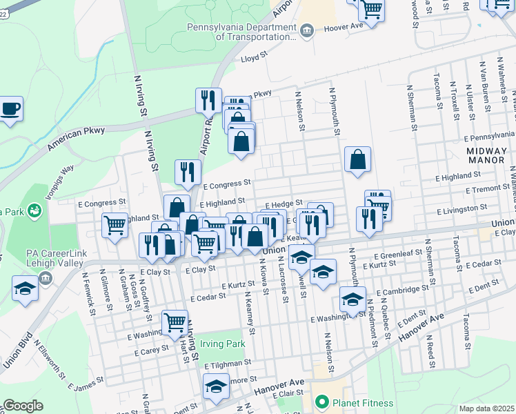 map of restaurants, bars, coffee shops, grocery stores, and more near 1111 East Hedge Street in Allentown