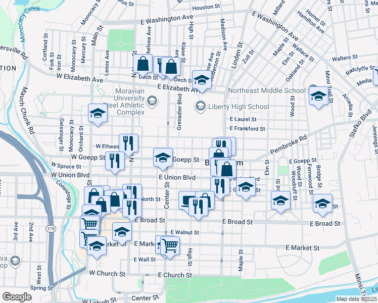 map of restaurants, bars, coffee shops, grocery stores, and more near 917 High Street in Bethlehem