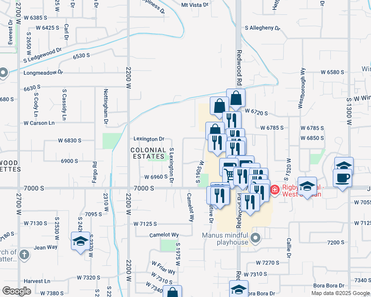 map of restaurants, bars, coffee shops, grocery stores, and more near 6855 South Running Springs Drive in West Jordan