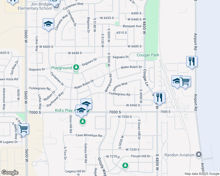 map of restaurants, bars, coffee shops, grocery stores, and more near 5091 Ticklegrass Road in West Jordan
