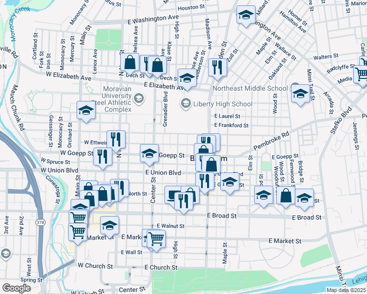 map of restaurants, bars, coffee shops, grocery stores, and more near 210 East Ettwein Street in Bethlehem