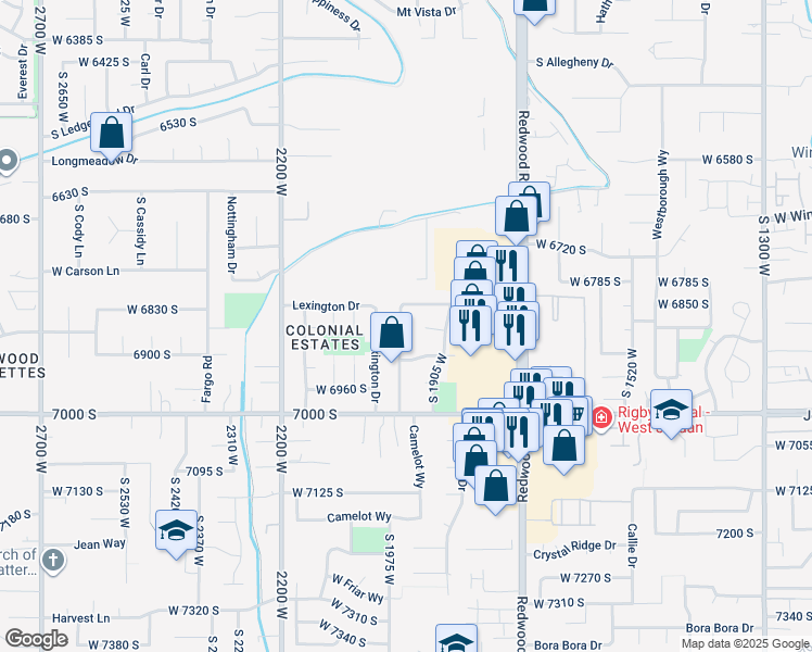 map of restaurants, bars, coffee shops, grocery stores, and more near 6855 South Running Springs Drive in West Jordan