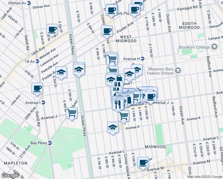 map of restaurants, bars, coffee shops, grocery stores, and more near 919 East 10th Street in Brooklyn