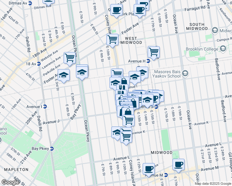 map of restaurants, bars, coffee shops, grocery stores, and more near 919 East 10th Street in Brooklyn