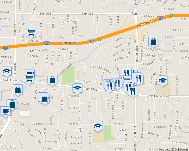map of restaurants, bars, coffee shops, grocery stores, and more near 6852 Meadow Drive in Cottonwood Heights
