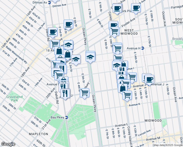 map of restaurants, bars, coffee shops, grocery stores, and more near 825 Ocean Parkway in Brooklyn