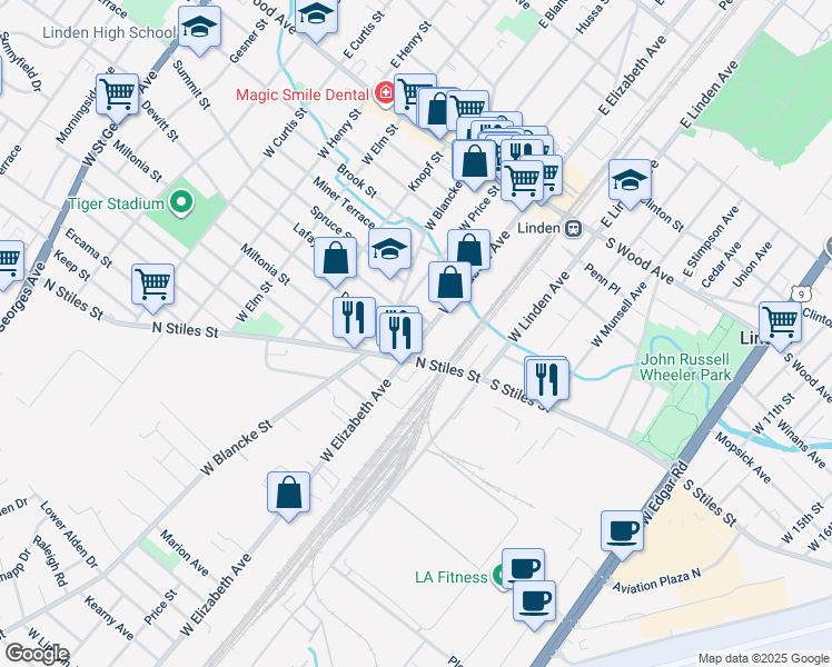 map of restaurants, bars, coffee shops, grocery stores, and more near 5 North Stiles Street in Linden