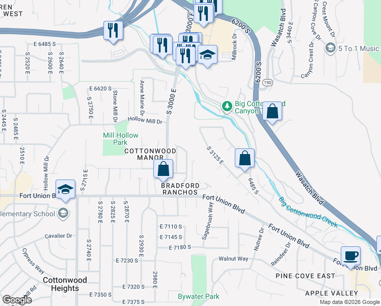 map of restaurants, bars, coffee shops, grocery stores, and more near 3101 Fort Union Boulevard in Cottonwood Heights