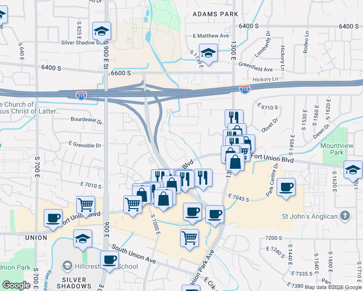 map of restaurants, bars, coffee shops, grocery stores, and more near 6884 Countrywoods Circle in Midvale