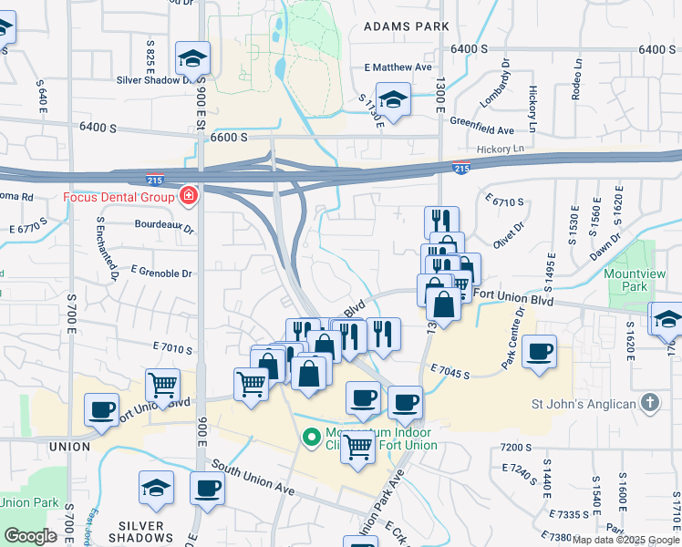 map of restaurants, bars, coffee shops, grocery stores, and more near 6884 Countrywoods Circle in Midvale