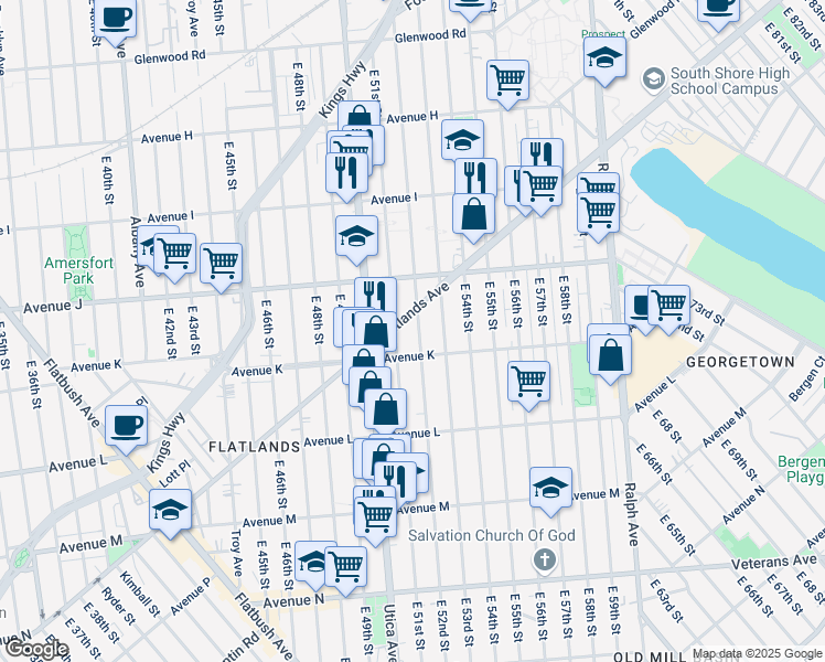 map of restaurants, bars, coffee shops, grocery stores, and more near 5117 Avenue K in Brooklyn